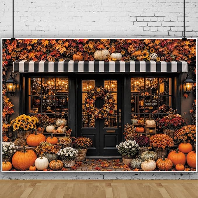 Fall Pumpkin Store Backdrop 12x8ft Autumn Boutique Harvest Pumkin Photography Background Vintage Fall Fall Festival Thanksgiving Family Party Decorations Banner Vinyl by Leowefowa