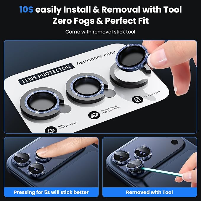 WSKEN for iPhone 17 Pro/iPhone 17 Pro Max Camera Lens Protector | Original Shooting Mode, Individual Metal Cover Film, Shatterproof HD Tempered Glass Camera Screen Protector, Glitter Blue - Image 6