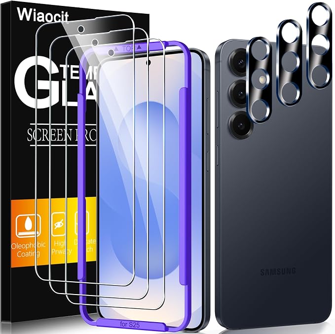 Wiaocit Tempered Glass Screen Protector for Samsung Galaxy S25 | 3+3 Pack, 9H Hardness, Camera Lens Protector, Installation Frame, Bubble Free, Case Friendly by Wiaocit