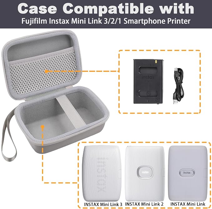 Hard Travel Case for Fujifilm Instax Mini Link+ & Link 3/2 Printer | Shockproof, With Handle, Hard Shell Exterior, Storage Compartment, Portable Carrying Box, Clay White Case - Image 5