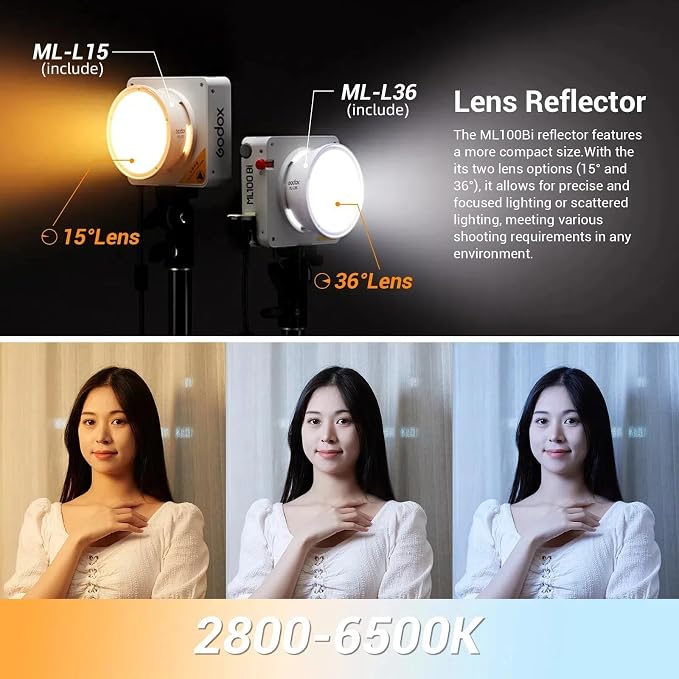 Godox ML100Bi Bi-Color LED Video Light, 120W 34300Lux@1M CRI 97+ TLCI 98+ 2800K-6500K, 11 FX Effects Photography Light, Portable LED Continuous Light - Image 3
