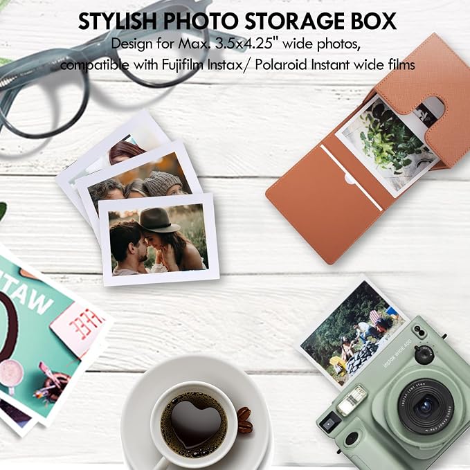Photo Storage Box for Instax Wide/Polaroid Now+/I-Type/OneStep2 Instant Film, 3.5x4.25” Photo Holder fits for Fujifilm Instax Wide 400/300 Wide Picture Display - Brown - Image 2