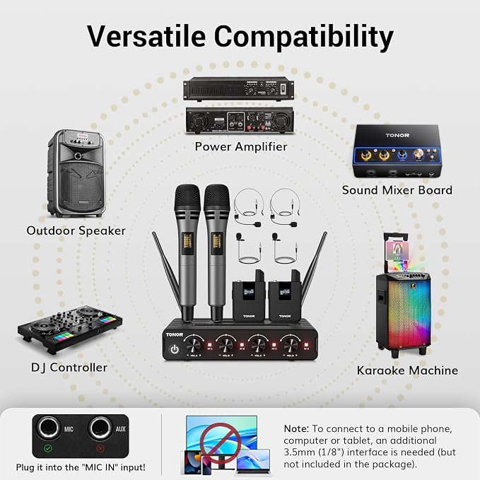 TONOR Wireless Microphone System, Handheld Mic Set with Headset/Lapel Mics | Lavalier Mic with Bodypack Transmitter, Receiver, 60 m/200ft Range Compatible with PA Speaker, for Karaoke, Singing, Church - Image 4