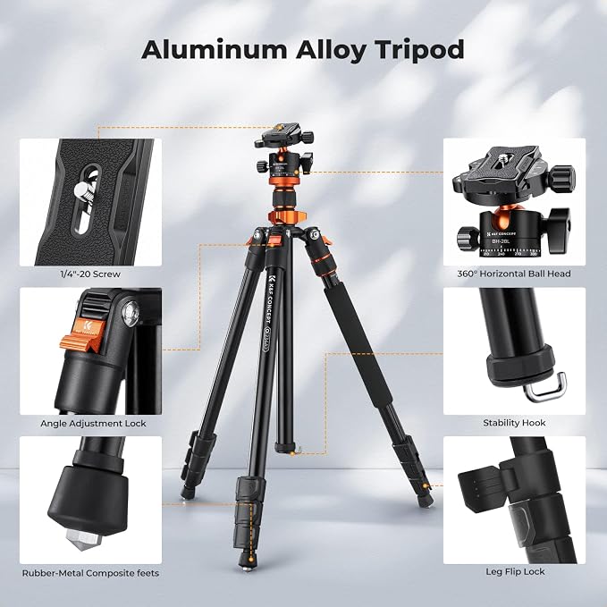 K&F CONCEPT 78" Aluminum Camera Tripod | 81" Monopod, 22lb Max Load, for DSLR/Spotting Scope/Camcorder, Heavy Duty Travel Tripod, O234A7+BH-28L - Image 4