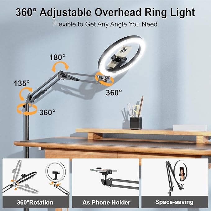 Latest Ring Light with Stand Tripod for iPhone, Overhead Phone Camera Mount with Light and Phone Holder Stand for Recording, 10” Selfie Light for Video,Streaming,Photography, Tiktok, YouTube - Image 3