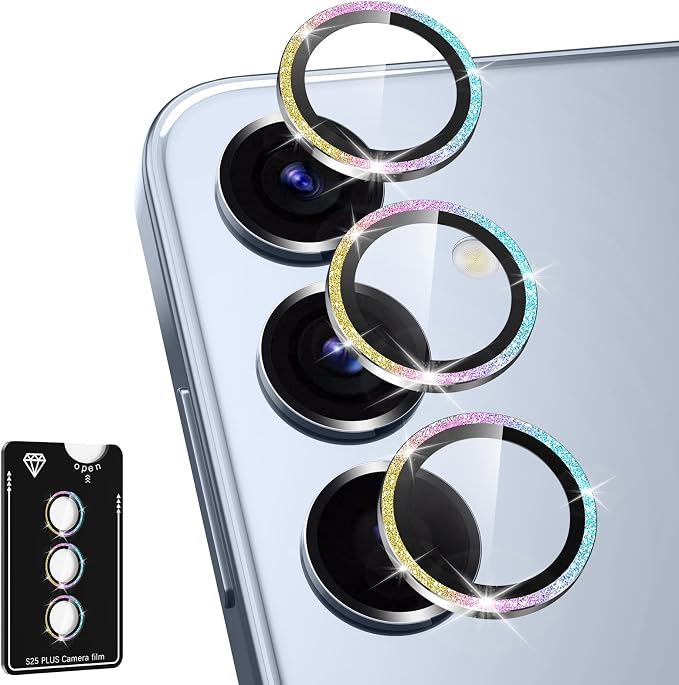 for Samsung Galaxy S25 Plus Camera Lens Protector, Individual Metal Ring Tempered Glass Lens Cover, [Strong Adsorption] Scratch Resistant Ultra-Thin HD Clear Lens Cover, 1 Set-Colorful Sparkly by Btscase