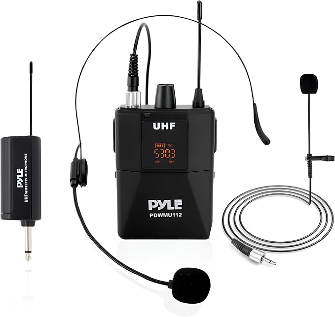Pyle UHF Wireless Microphone System Kit - Portable Professional Cordless Microphone Set with Headset, Lavalier, Beltpack Transmitter, Receiver - Karaoke & Conference by PyleUSA