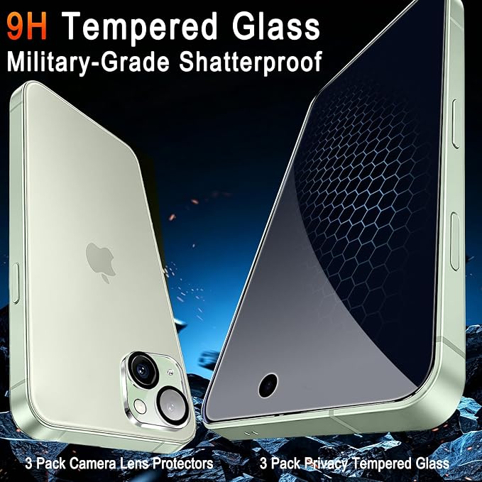 TZGZT Privacy Screen Protector for iPhone 15, Tempered Glass, Case Friendly | 3 Pack, 9H+ Military Grade Shatterproof, Anti-Scratch, HD, Easy Installation, Bubble Free, Includes Camera Lens Protectors - Image 2