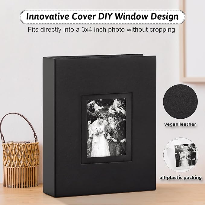 Popotop 4x6 Photo Album Holds 100 Pictures, Vegan Leather Hardcover | 100 Photos Capacity, Acid-Free Clear Slip-In Pockets, Compact Format, Front Photo Window, Gifts for Family Wedding Baby - Image 2