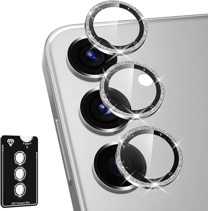 for Samsung Galaxy S25 Camera Lens Protector, Individual Metal Ring Tempered Glass Lens Cover, [Strong Adsorption] Scratch Resistant Ultra-Thin HD Clear Lens Cover, 1 Set-Silvery Sparkly by Btscase