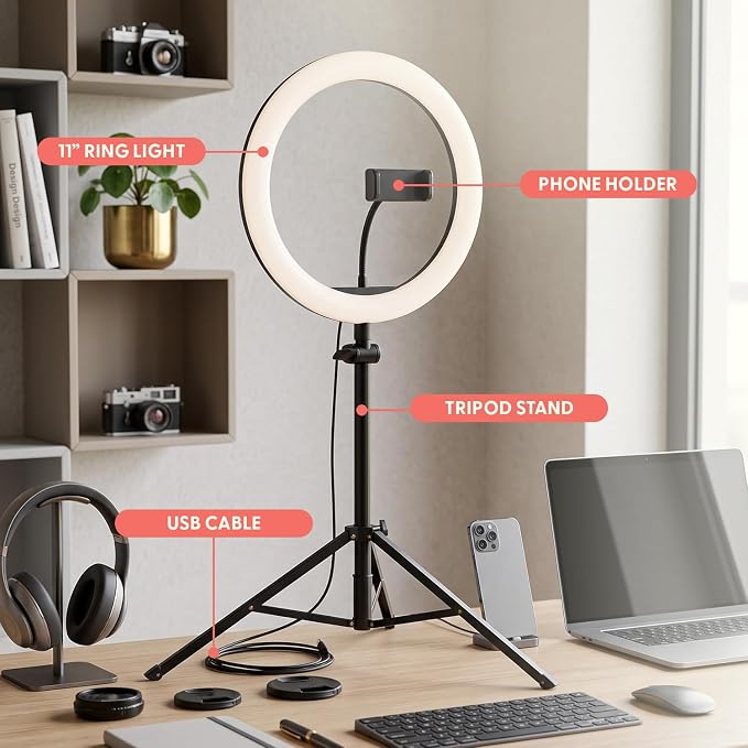 11’’ LED 12W Selfie Ring Light with Wired Control, 3 Color Modes, 10 Brightness Levels, Tripod Stand with 6 Sections, Phone Holder, Adjustable Brightness Levels for Influencers, YouTube, TikTok - Image 7