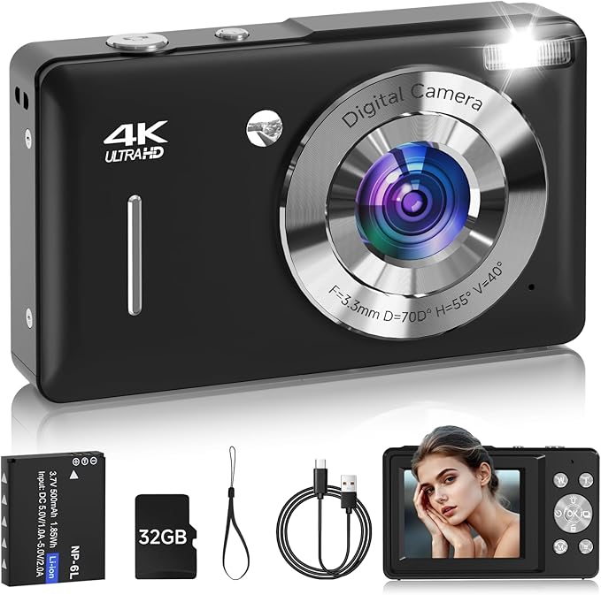 Digital Camera for Kids, FHD 1080P 44MP Point and Shoot Digital Camera with Face Detect, Smile Capture, 16X Zoom, 20 Filters, Anti Shake, 32GB SD Card Blcak Compact Vintage Camera for Kids Boys Girls by SMARTKLIK