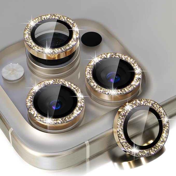 Choiche for iPhone 15 Pro/iPhone 15 Pro Max Camera Lens Protector | Ultra HD, Bling 9H Tempered Glass Camera Cover Screen Protector Metal Ring Decoration Accessories (Glitter-Gold) by Choiche