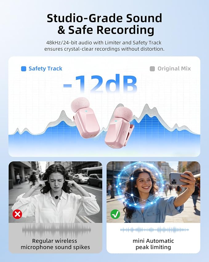 mini 2 Wireless Lavalier Microphones for iPhone 16/17 & Android, AI Noise Cancellation, App Control, 30H Battery with Charging Case, Lapel Microphone Wireless for Video Pink - Image 5