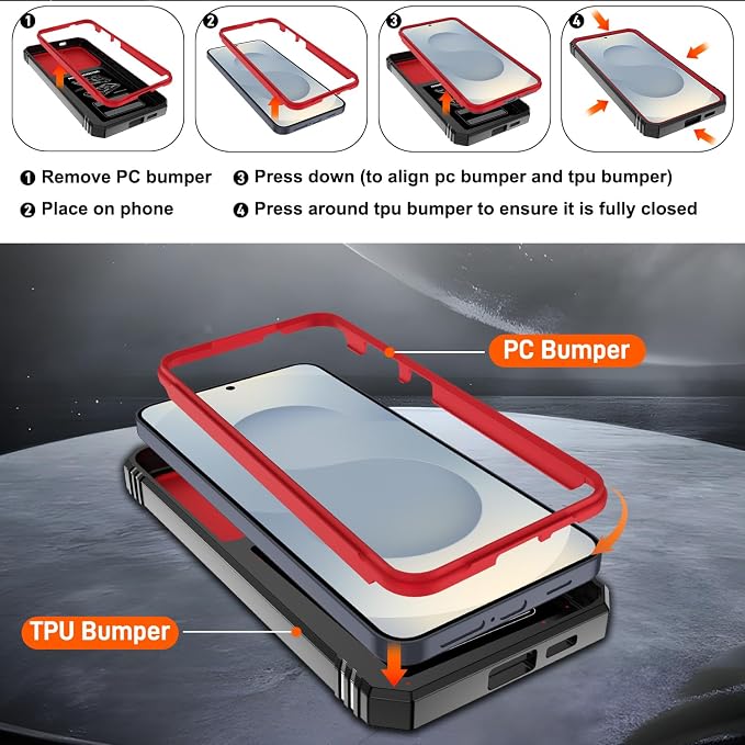 Gritup Fit for Samsung Galaxy S25 Plus Phone Case with Slide Camera Cover | 2 Pack Screen Protector, Build in 360° Rotating Ring Kickstand, Military Grade Shockproof Protective Phone Case, Red+Black - Image 4