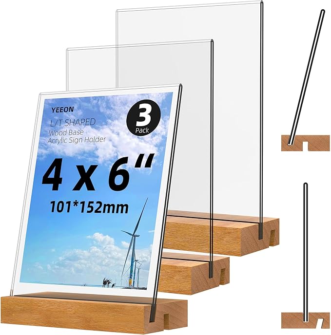 4x6 Inch Acrylic Sign Holder with Wooden Base, Desktop Display Stand (4x6 3Pack) by YEEON