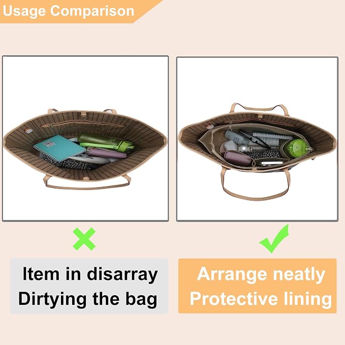 Doxo Purse Organizer Insert for Handbags, Felt Neverfull MM Organizer Insert with Cover, Tote Bag Organizer with Zipper Pocket and Bottle Holder, Fit Neverfull MM and More, Beige-L - Image 4