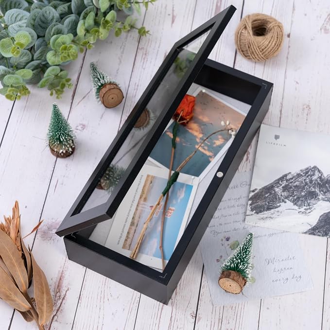 Muzilife 12.5x5 Shadow Box Wood Picture Frame, 2.16 Deep, Real Glass, Black | FSC-Wood, Magnetic Door, Linen Interior & Pins, Vertical, Horizontal Wall Hanging, Display Case Frame for Photos & Keepsakes - Image 6