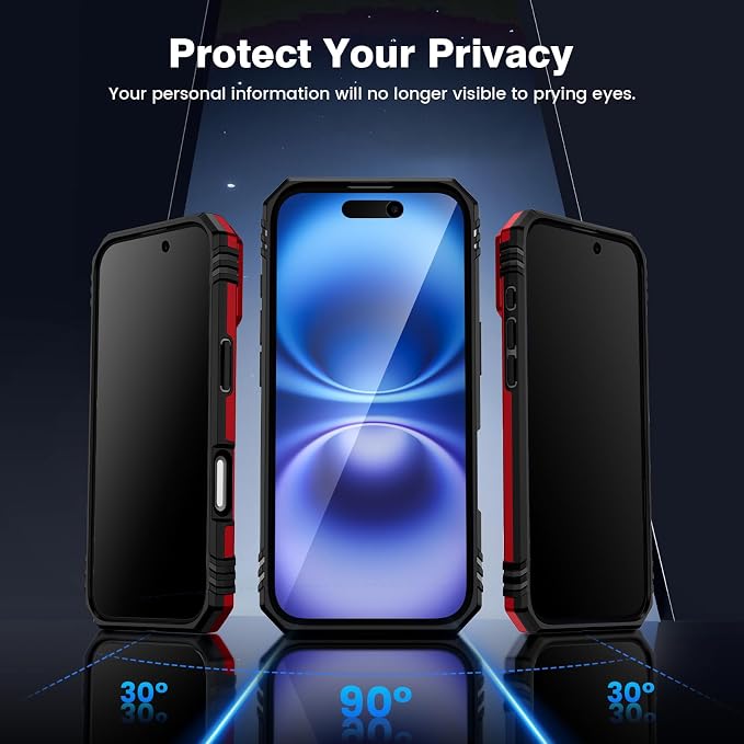 VEGO for iPhone 16 Plus Case with Privacy Screen Protector and Kickstand | Slide Camera Cover and Ring Kickstand Military Grade Heavy Duty Protection Cover for iPhone 16 Plus 6.7 Inch - Red - Image 3