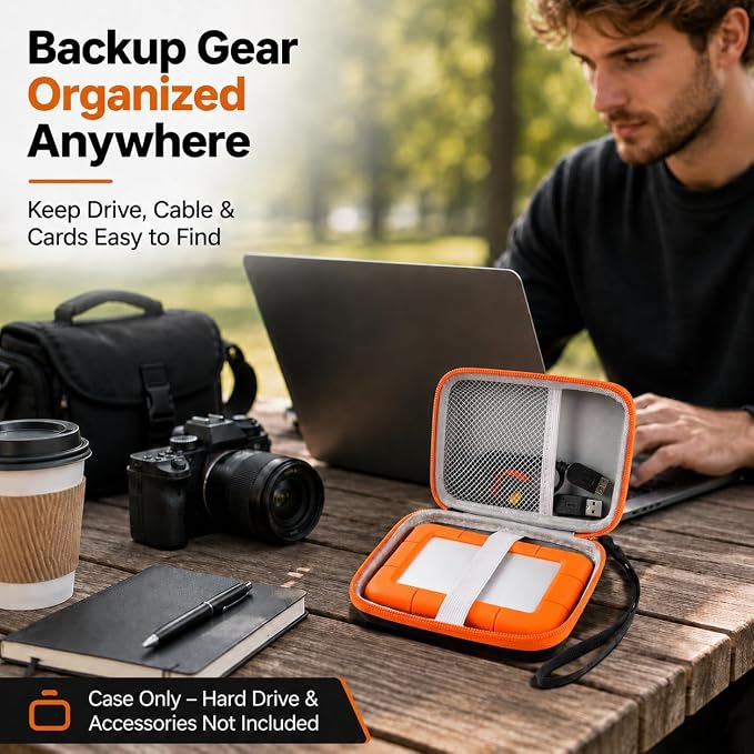ALKOO Case for LaCie Rugged Mini 1TB/2TB/4TB/5TB External Hard Drive | Portable HDD Holder, Cable Pocket, SD Card Storage, for Photographers, Creators, Students, Office, Travel, Case Only, Orange - Image 6