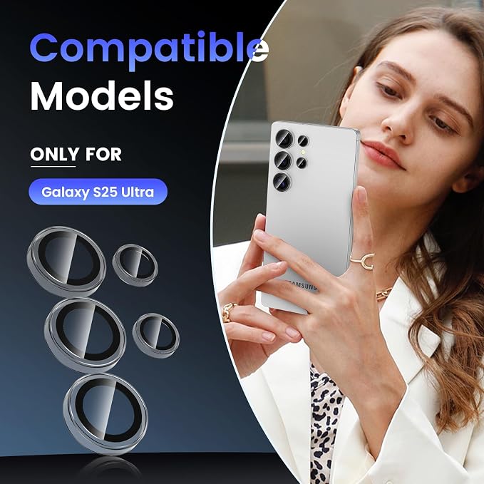 Tensea Compatible with Samsung Galaxy S25 Ultra Camera Lens Protector | 9H Tempered Glass Camera Cover Screen Protector Metal Individual Ring [Installation Tray][Case Friendly] - Image 2