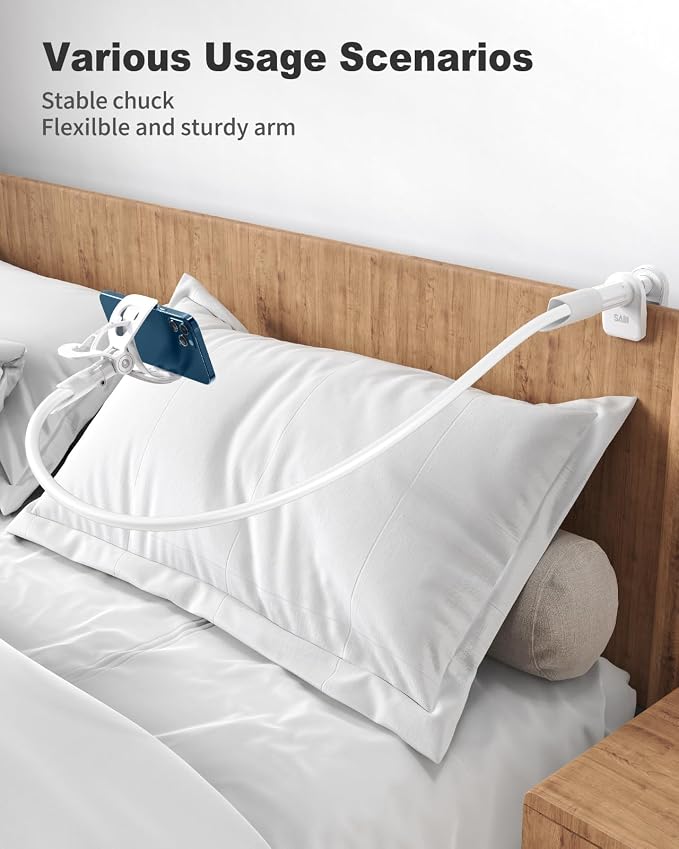 SAIJI Gooseneck Cell Phone Holder, Clamp Universal Lazy Mount Clip Hands Free Flexible Long Arm Bracket Grip for 4.0-6.3 Phones Mobile Stand Baby Monitor for Desk, Bed, Office, Kitchen (White) - Image 3
