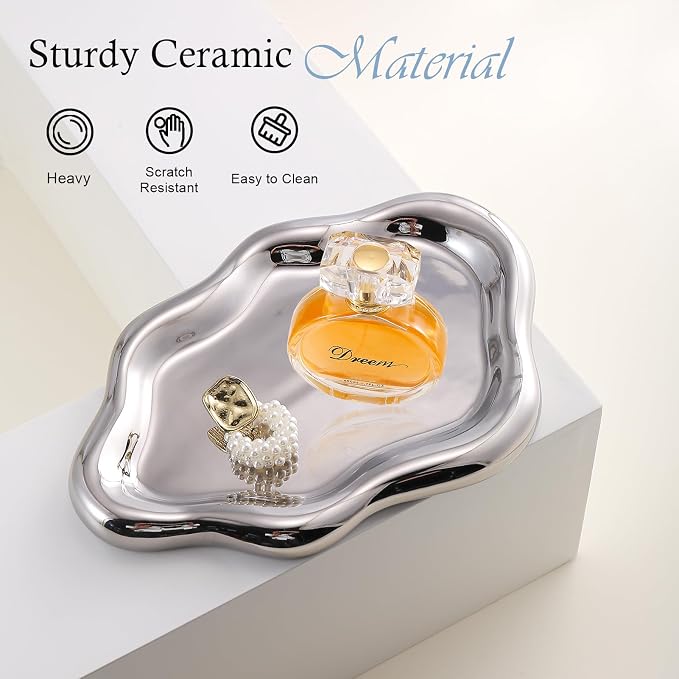 CCINPPY Ceramic Cloud Jewelry Tray Trinket Dish Key Bowl Nightstand Decor | Decorative Small Desk Tray Jewelry Plate Key Holder Bowl Cute Bedroom Room Decor Aesthetic, Gift for Women, Silver Medium - Image 5