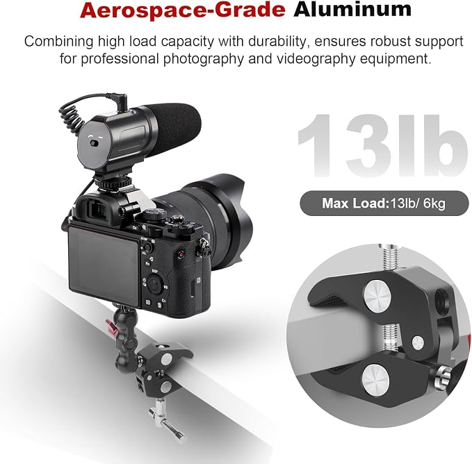 Camera Clamp Mount with Dual Ballhead Magic Arm, Aluminum Camera Mount Super Clamp Kit for DSLR Action Camera/Phone/Monitor/LED Light/Microphone, for Desk/Tripod/Tube/Crossbar (SY001) - Image 5