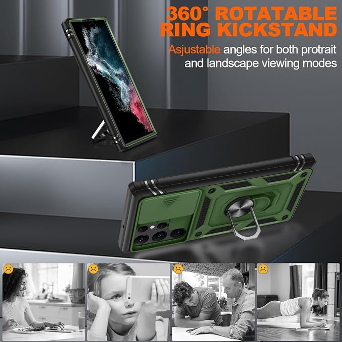 Gritup for Galaxy S22 Ultra Case Military-Grade Shockproof with Kickstand | with 2 PCS Screen Protector, Slide Camera Cover, Heavy Duty Outdoor Protection Funda para Samsung S22 Ultra Cover,Green+Black - Image 7