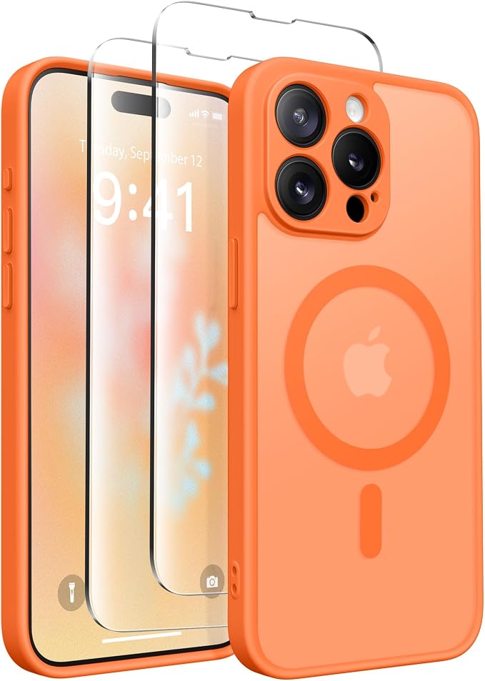 CAPRARO for iPhone 15 Pro Max Case, Compatible with MagSafe | Upgraded [Full Camera Protection] Shockproof Protective Slim Translucent Matte Magnetic Phone Case 6.7'', Orange Yellow by CAPRARO