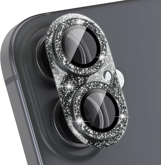 Choiche for iPhone 16 /iPhone 16 Plus Camera Lens Protector, Glitter-Black | Bling Metal Camera Cover with 9H Tempered Glass Lens Screen Protector Accessories, Strong Adsorption, Case-Friendly by Choiche