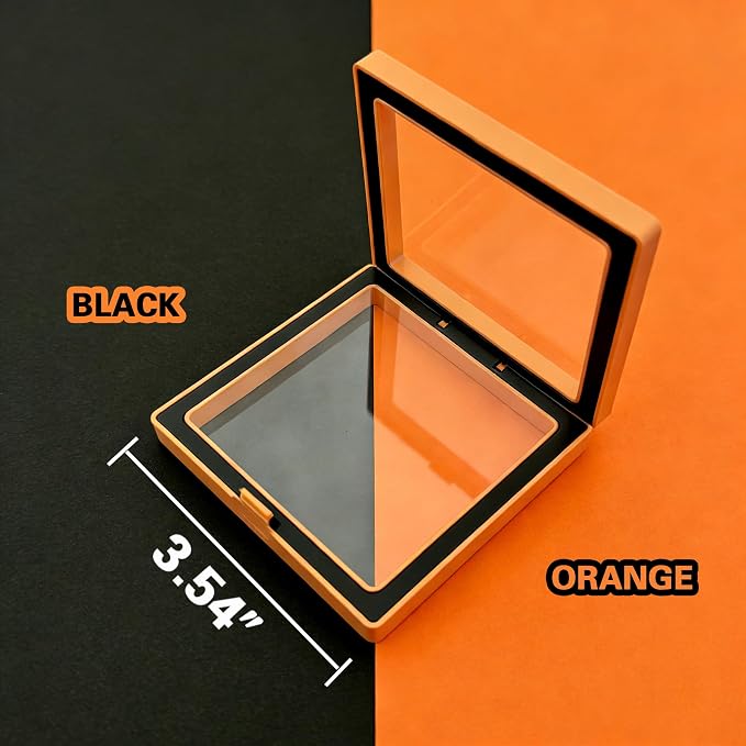 12 PCS Dual-Color Packaging Box 3D Floating Frame Display Stand, Color-Matching Packaging Display Box, Transparent Window Jewelry Case, PE Film Anti-Oxidation Storage Case. (Orange+Black) - Image 3