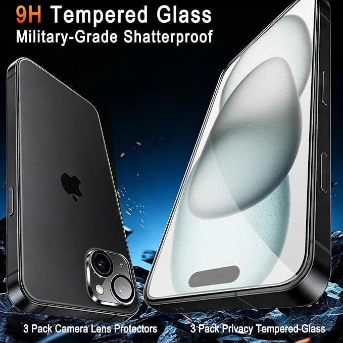 TZGZT 3 Pack Screen Protector for iPhone 15, Tempered Glass, Case Friendly | 9H+ Hardness, Military Grade Shatterproof, Anti-Scratch, HD, Easy Installation, Bubble Free, Include Camera Lens Protectors - Image 2