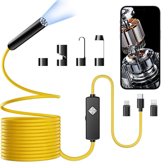 Endoscope with Light, 1920P HD Borescope with 8 Adjustable LED Lights, Semi-Rigid Snake Camera, IP67 Waterproof Inspection Tool (16.4ft, Yellow Harness + Single Lens) by Unknown