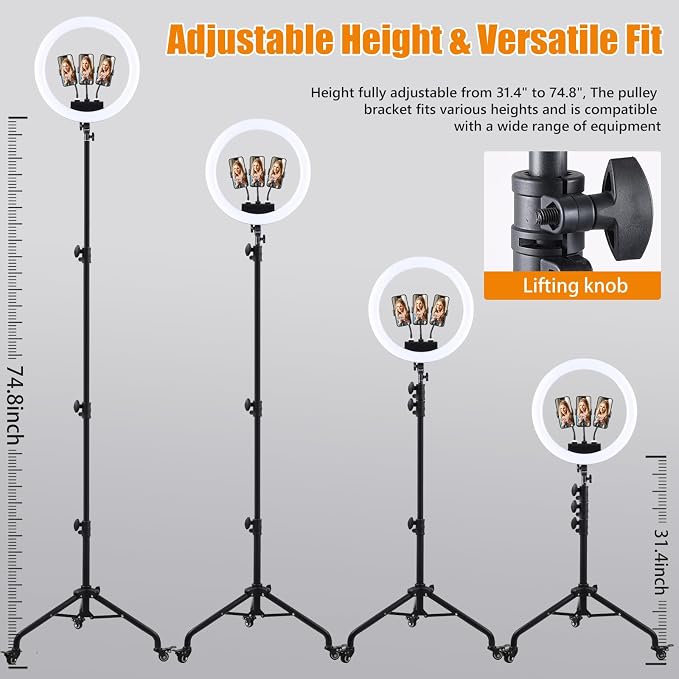 19" Ring Light with Stand, 75" Tripod Rolling Wheels, Phone & ipad Holders | 3 Color Modes & 6300K Dimmable LED Light, Large Ring light for Photography Streaming Video Recording Barber Tattoo Makeup - Image 3