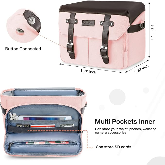 MOSISO Camera Case Crossbody Shoulder Messenger Photography Bag, Pink | DSLR/SLR/Mirrorless Vintage PU Leather Flap Gadget Bag with Rain Cover Compatible with Canon/Nikon/Sony Camera and Lens - Image 3
