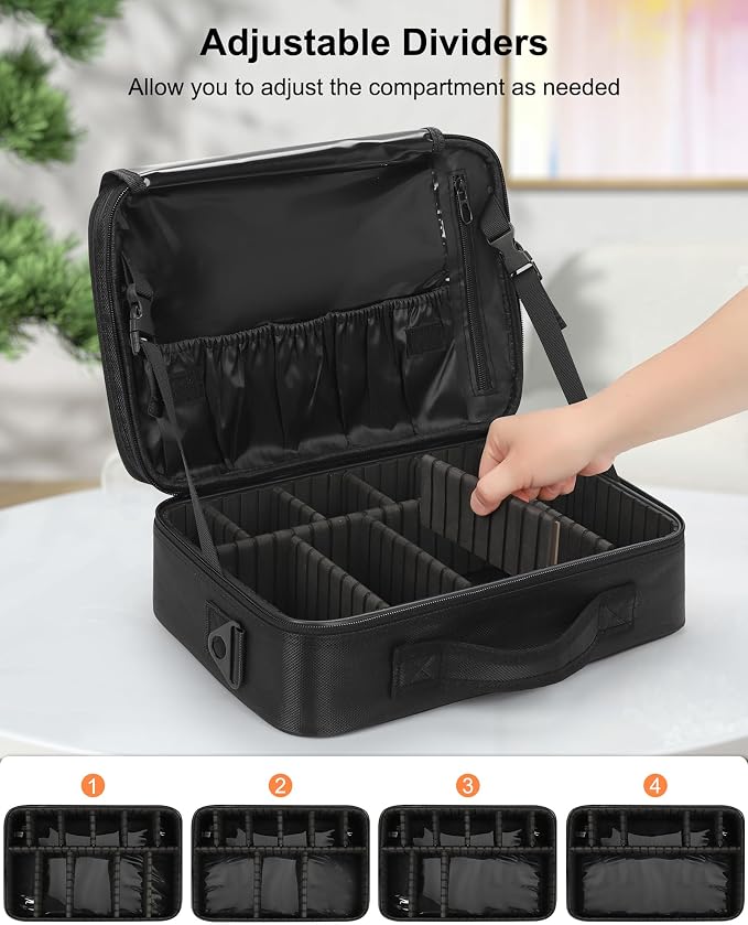 Relavel Makeup Bag Travel Train Case Cosmetic Organizer with Divider, Black | Large Storage Box with Adjustable Dividers and Brush Compartment for Cosmetics, Toiletries, Nail Polish, Jewelry, Electronic - Image 2