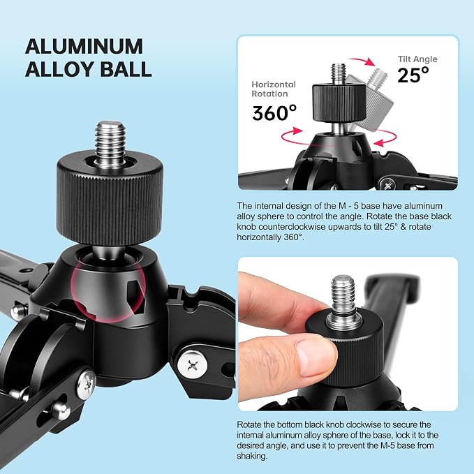 M-5 Tripod Base, Longer Desktop Tripod with Three Upgraded Extended-Leg, 3/8" Screw Monopod Stand Support for Ball Head/Fluid Head DSLR Camera Camcorder, Tilt 20° & Rotate 360° (Black) - Image 3