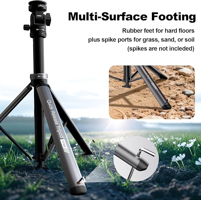 COMAN MT68 Auto-Open 83.4" Light Stand, for DSLR, iPhone, Action Cam, Light | 1/4" Ball Head with 2 QR Plates, Phone Clamp Included, Compact 18.5" Folded Storage, Portable 1.95 lbs, Sturdy Aluminum Build - Image 7