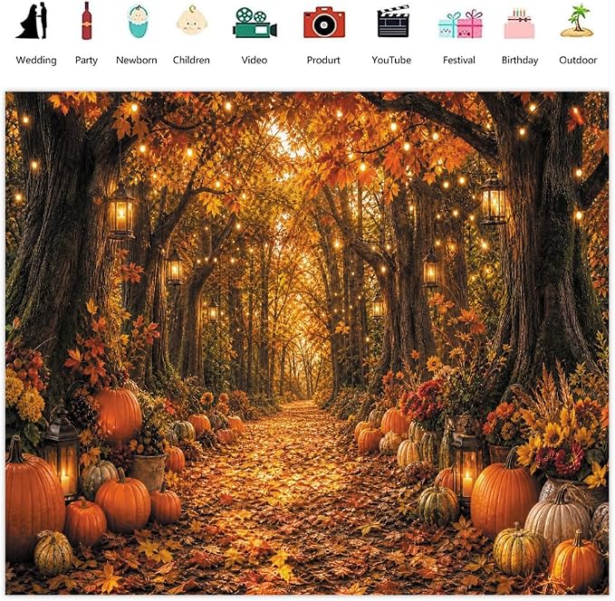 10x8ft Fall Autumn Forest Photography Backdrop Thanksgiving Photo Backdrops | Fall Woodland Pumpkin Maple Leaves Background with Orange Flowers, Thanksgiving Party Decorations Banner Photo Props Vinyl - Image 2