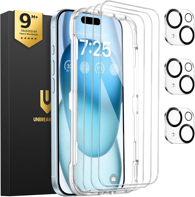 UNBREAKcable iPhone 15 Screen Protector & Camera Lens Protector | Upgraded Dual-Tempered Glass with Military-Grade 9H Hardness, 3-Pack,HD Clarity, Anti-Fingerprint, Case Friendly, Fits 6.1'' by UNBREAKcable
