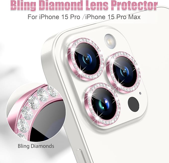 AGVEE 3+3 6 Pack for iPhone 15 Pro & Max Camera Lens Protector Cover | Individual Bling Diamond & Bling Glitter Sparkle Cute Gem Metal Ring, 9H Tempered HD Glass - Image 4