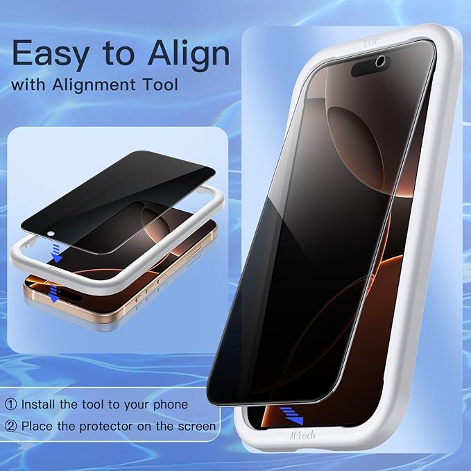 JETech Privacy Screen Protector for iPhone 16 Pro Max, 2+2 Pack | Anti-Spy Tempered Glass, with Camera Lens Protector, Easy Installation Tool - Image 4