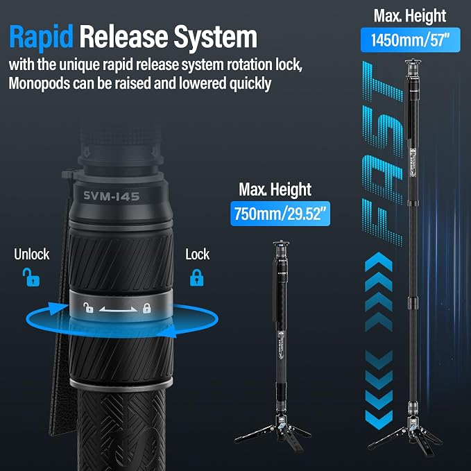 SIRUI SVM-145 Carbon Fiber Rapid Monopod, One-Step Height Adjust, 57" | 22LB Load, Monopod with Feet, Modular 3-in-1, Lightweight, DSLR, Mirrorless Camera, Travel, Outdoor - Image 2