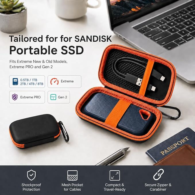 SSD Case for SanDisk Extreme Portable SSD & Extreme PRO, Hard Shell Protective Storage Bag with Carabiner, Fits 1TB 2TB 4TB 8TB External Solid State Drive for Business Travel(Orange) | Elastic Strap Secures the SSD, Mesh Pocket Organizes Cables, Carabi... - Image 3