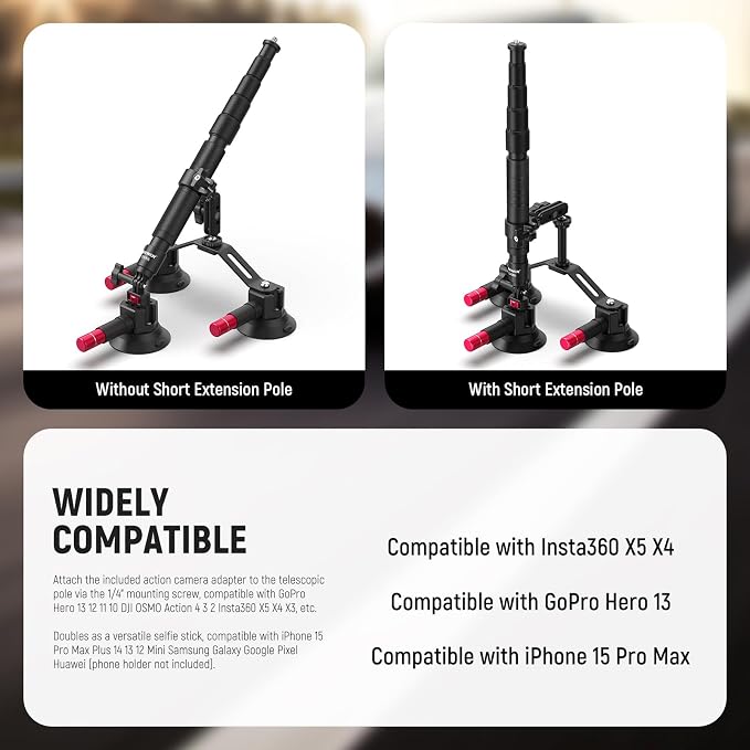 NEEWER Triple Suction Cup Car Mount Compatible with Insta360 X5 X4 GoPro DJI OSMO 360 Cameras, Quick Release Outside Windshield Magic Arm Mount Kit with 2 in 1 Extension Pole/Selfie Stick, CA065 - Image 2