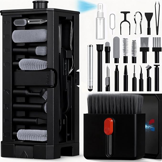 Inesore 32 in 1 Phone Cleaning Kit for iPhone AirPods MacBook Earbuds-Black | Full Set of Multi-Size Tips, Wide Application, All-in-One Layered Storage, Tidy Accessory Storage, Dual Wet & Dry Clean Modes by Inesore