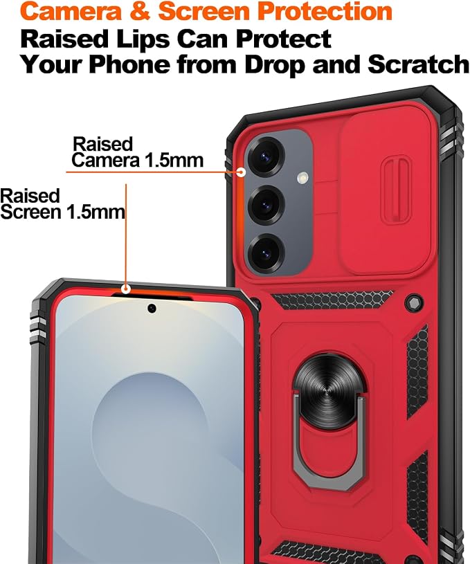Gritup Fit for Samsung Galaxy S25 Plus Phone Case with Slide Camera Cover | 2 Pack Screen Protector, Build in 360° Rotating Ring Kickstand, Military Grade Shockproof Protective Phone Case, Red+Black - Image 5