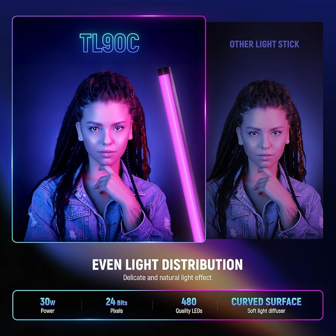 NEEWER RGB Tube Light, 30W LED Video Light RGBWW Full Color Stick Light Wand with 18 Scenes 7 Pixel Effects 2500-10000K CRI97/TLCI98 6000mAh, APP/2.4G/DMX Control for Photography Video Record, TL90C - Image 2