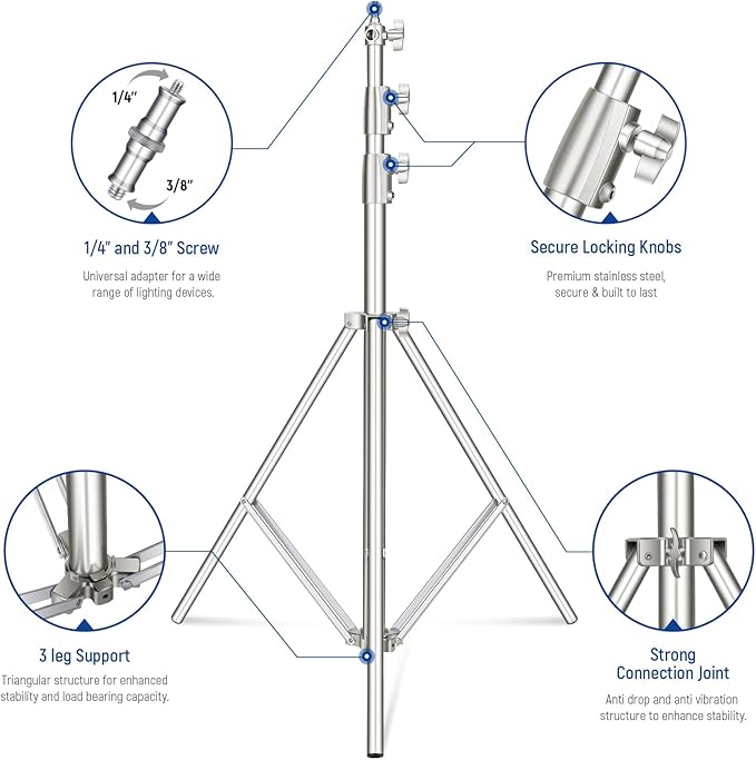 NEEWER 2Pcs 9.2ft Stainless Steel Light Stands, Spring Cushioned Heavy Duty Photography Tripod Stand with 1/4"-3/8" Adapter for Strobe Video Ring Light Monolight Softbox, 22lb Max Load, ST-280SS - Image 5